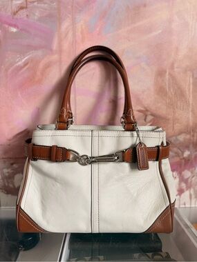 Coach Hampton Leather Tote Handbag in White and Brown